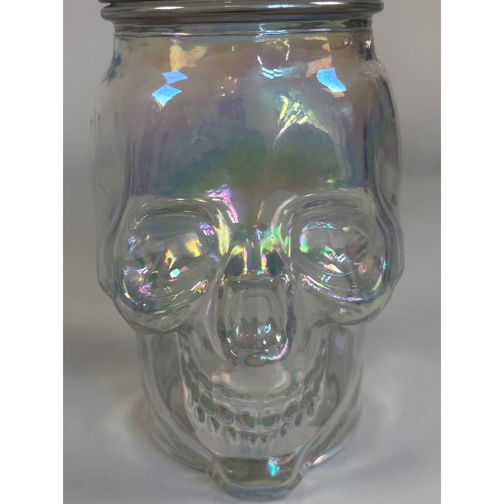 Way to Celebrate Iridescent Glass Skull Sipper Jar 18oz Halloween Black Lid